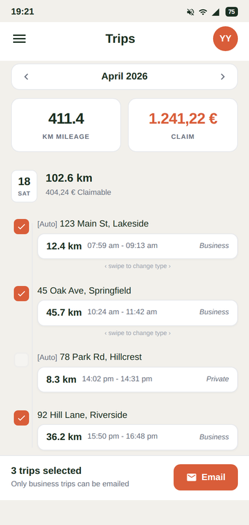 WhizzFlow Android app — trip log with monthly mileage summary