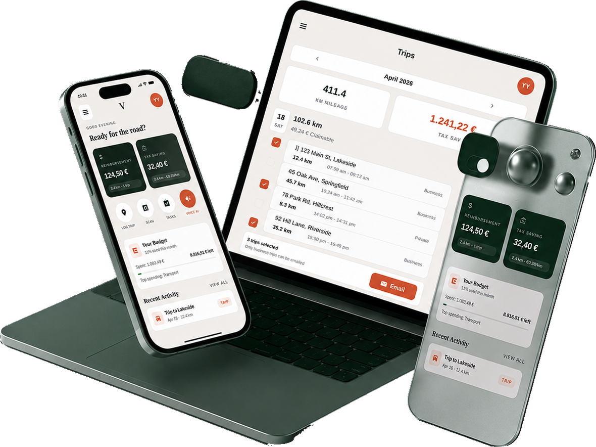 WhizzFlow mobile app — Ready for the road? dashboard with reimbursement, tax saving, budget, and the Trips screen