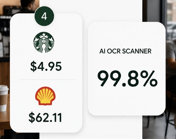 Receipt OCR — Starbucks 4.95, Shell 62.11; AI OCR Scanner 99.8%